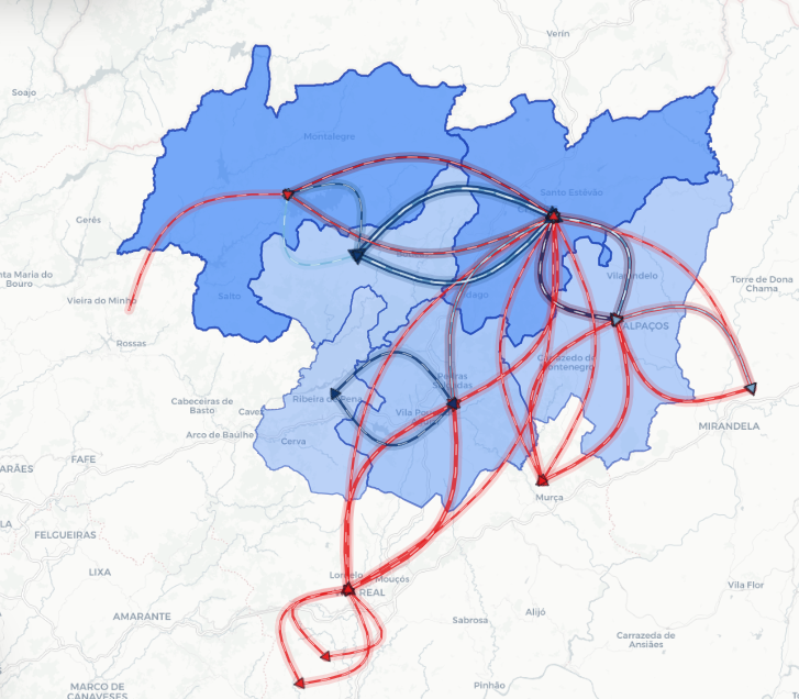 Mapa real do MobiOn com fluxos de procura e utilização entre territórios