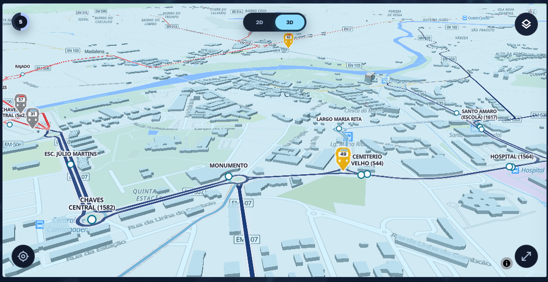 Mapa operacional real do MobiOn com percurso, paragens e veículo em visualização 3D
